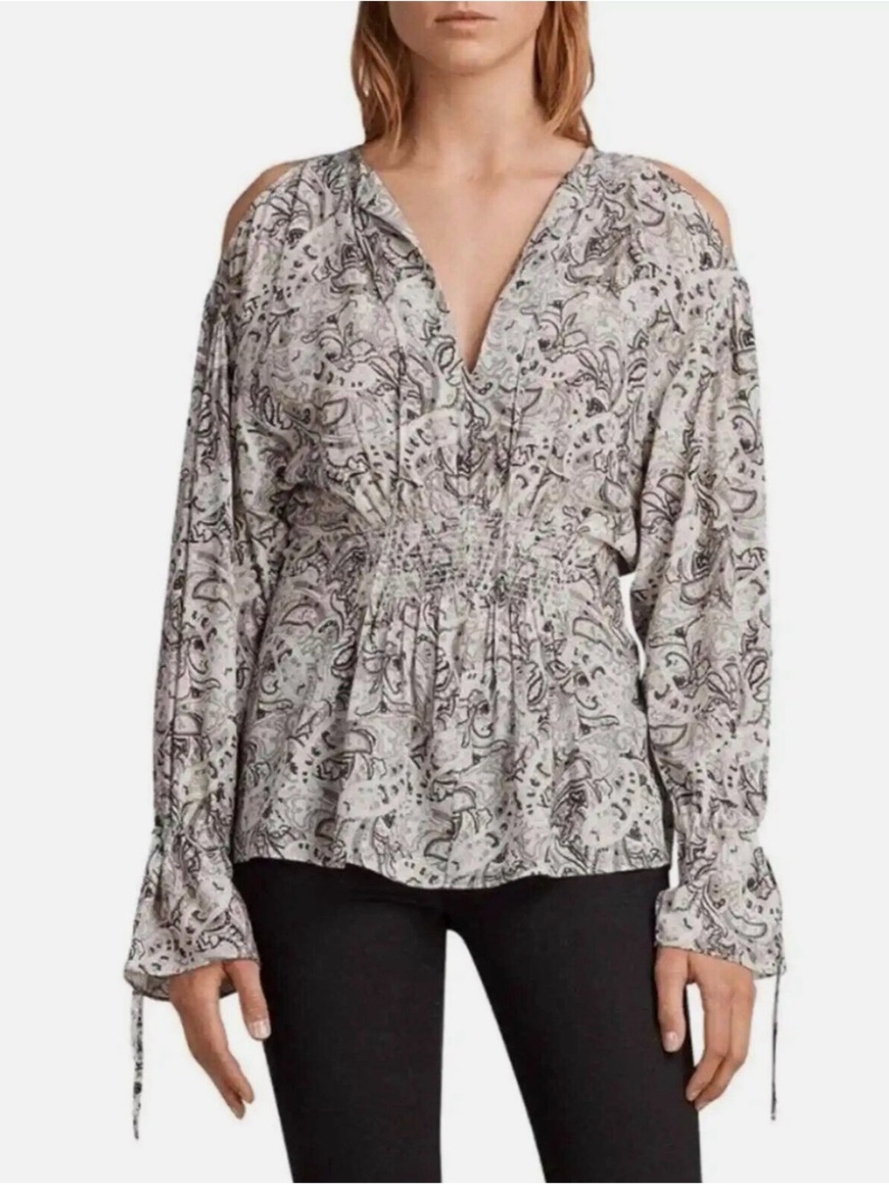 All Saints White Paisley Cold-Shoulder Smocked Waist Blouse